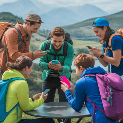 Gruppo di giovani escursionisti all’aperto che utilizzano smartphone per esplorare un percorso turistico digitale con app interattiva